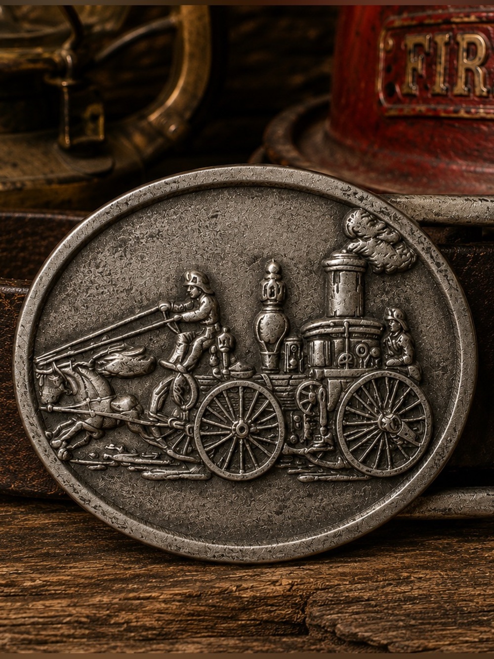 Vintage Original Pewter Designs Horse Drawn Steam Fire Engine Belt Buckle